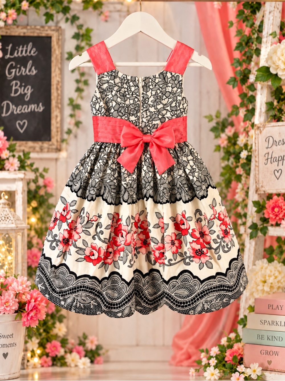 Jessica B Girls 4T Coral Black Floral Party Dress Flower Bow Very Good